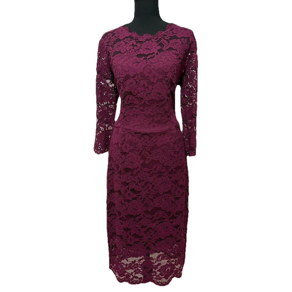 MIUSOL Burgundy Lace Tea Length Dress 3/4 Sleeve Sheath Cocktail L